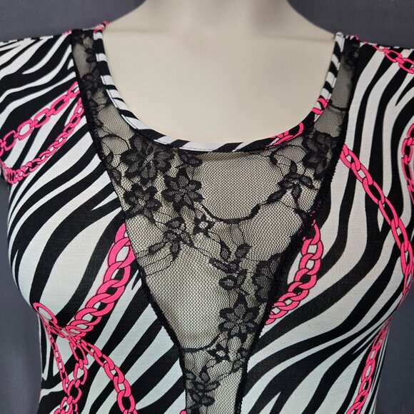 Y2K Zebra Print Bodysuit Top Size M Lace Trim Neon Trashy Mcbling Scene Gyaru - Picture 2 of 9